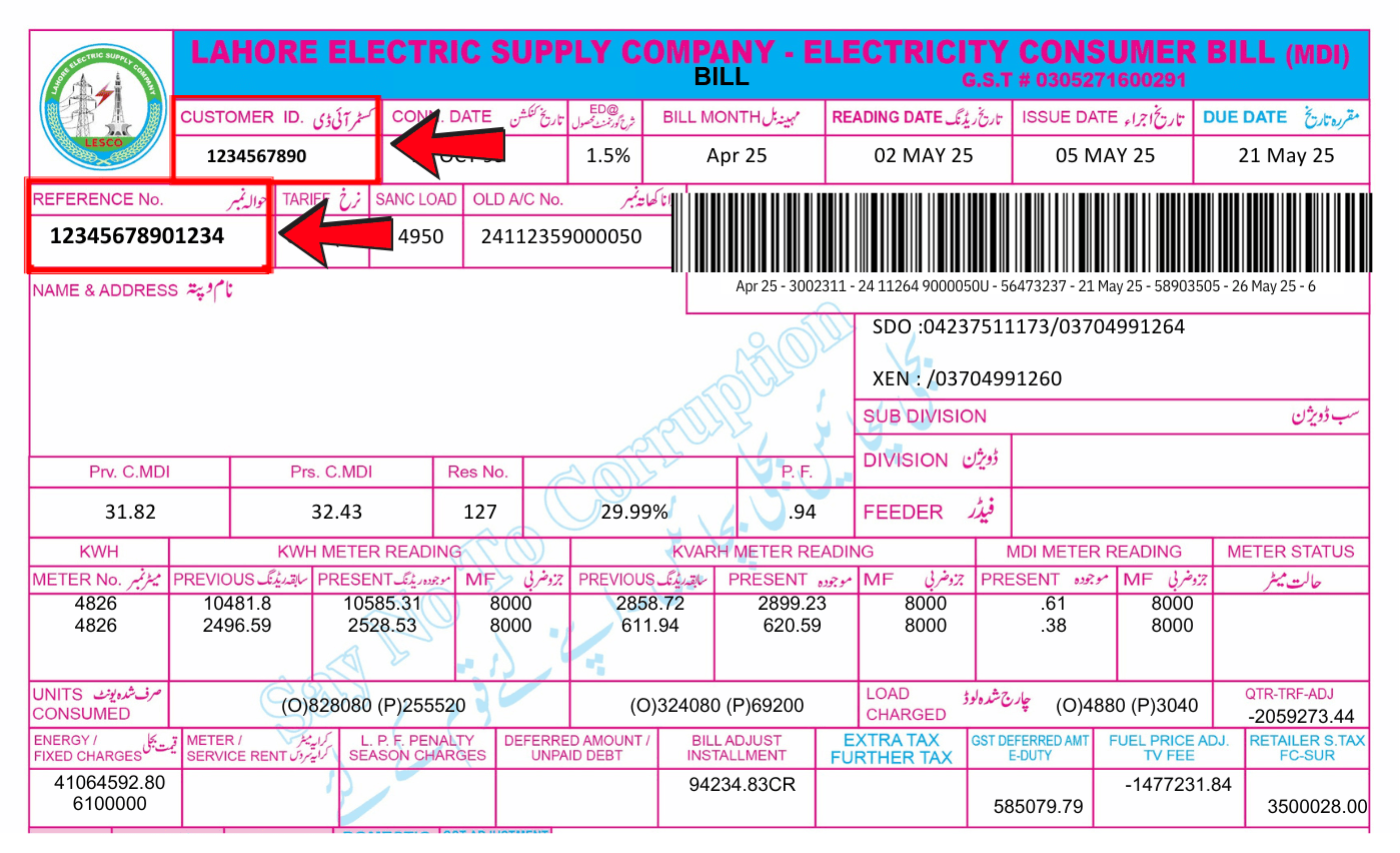 LESCO bill sample showing where reference number and customer ID are located
